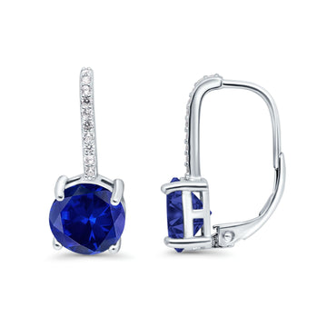 Round LeverBack Earrings Hoop Huggie Design Simulated Blue Sapphire CZ 925 Sterling Silver (22mm)